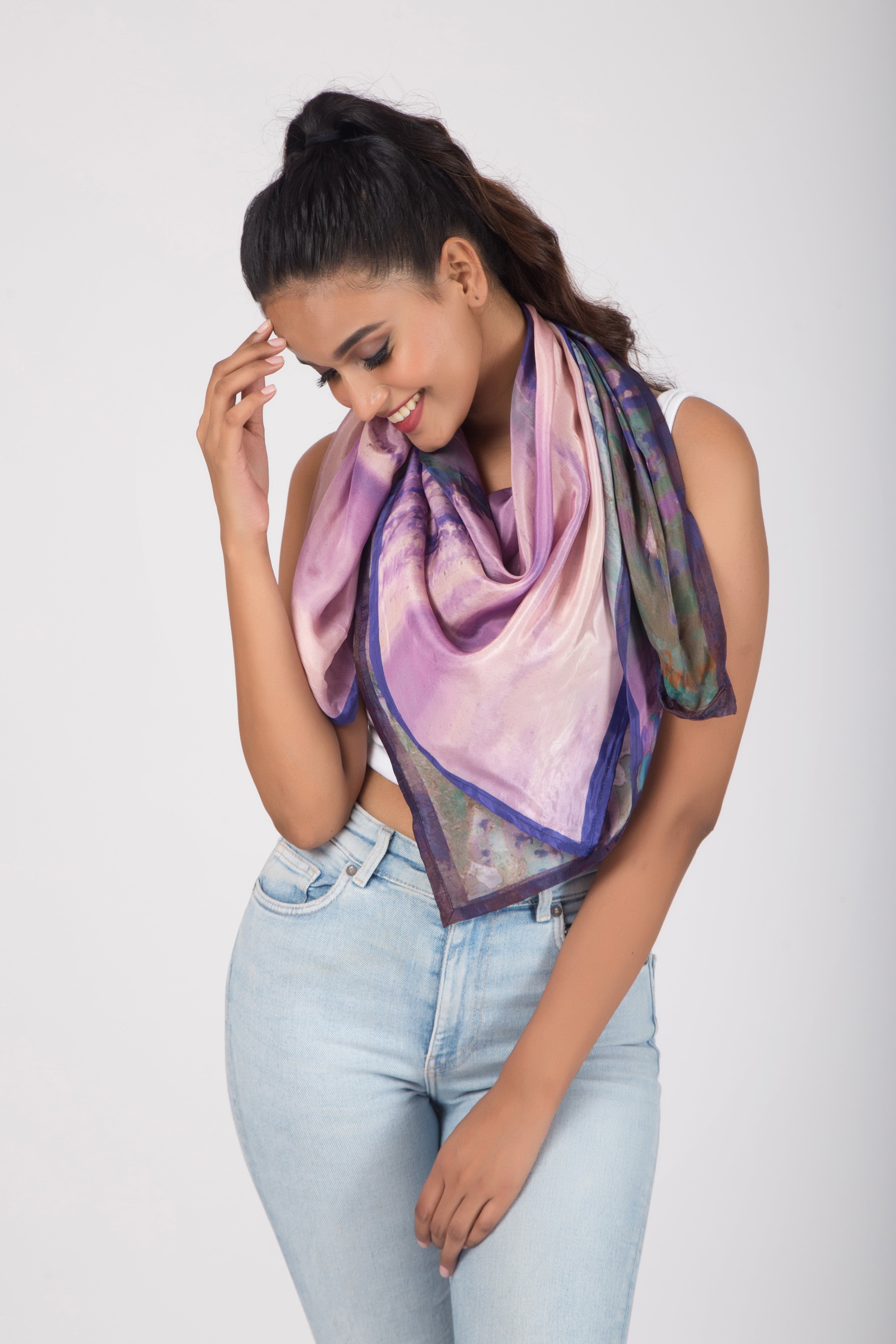 Blooms of Hope - Pure Habutai Silk Scarf - Purple