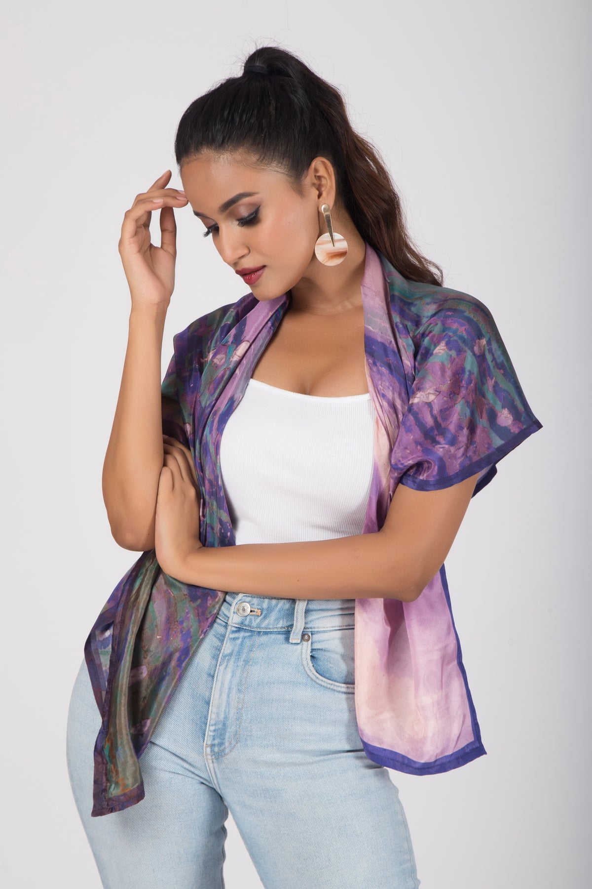 Blooms of Hope - Pure Habutai Silk Scarf - Purple