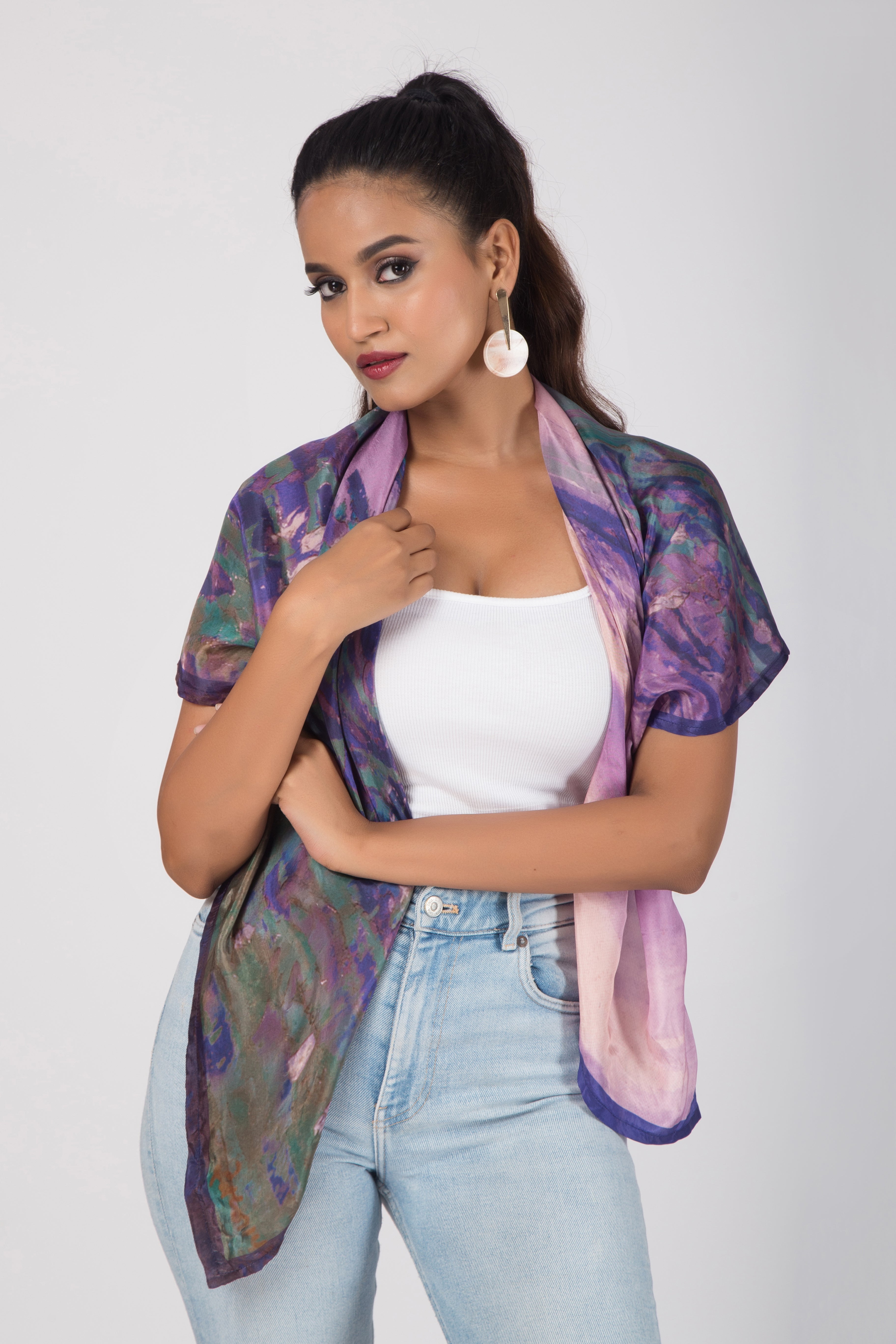 Blooms of Hope - Pure Habutai Silk Scarf - Purple